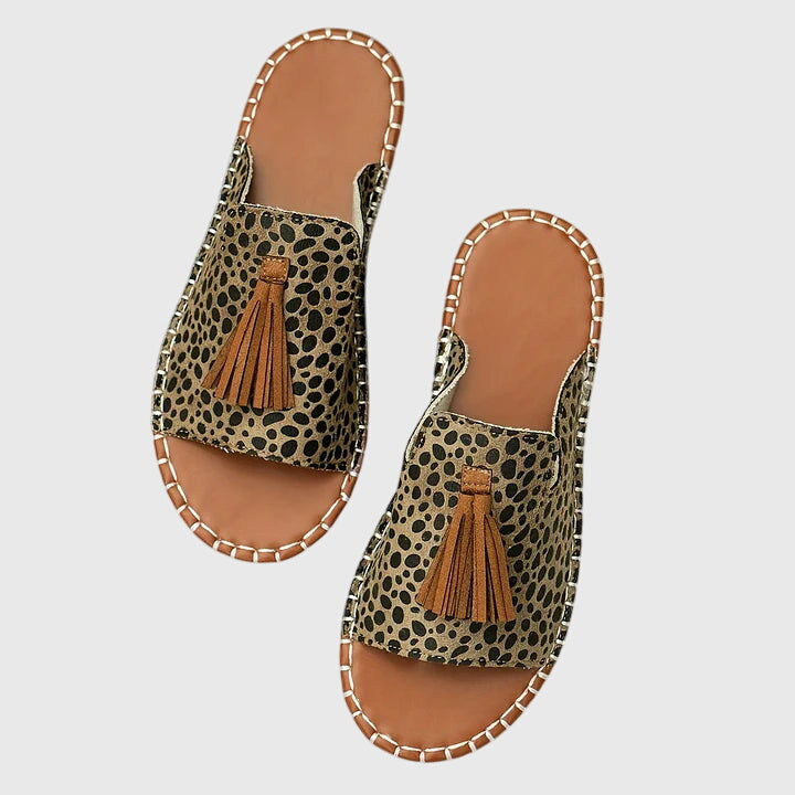 Women's Tasseled Animal Print Slide Sandals