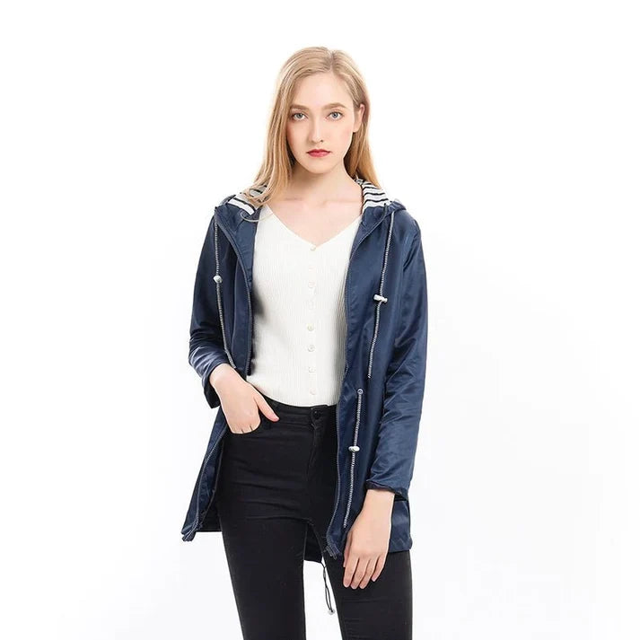 Women's Water-Resistant Hooded Rain Coat with Drawstring Waist