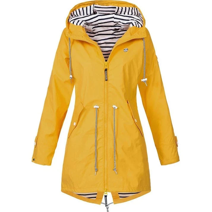 Women's Water-Resistant Hooded Rain Coat with Drawstring Waist