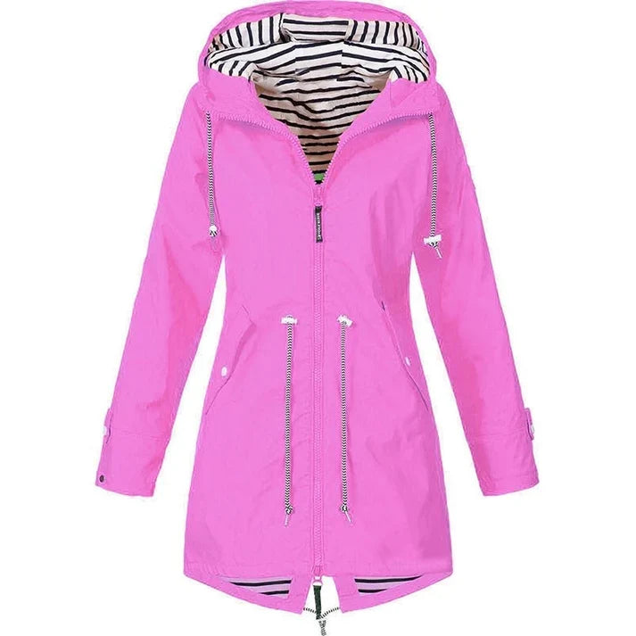 Women's Water-Resistant Hooded Rain Coat with Drawstring Waist
