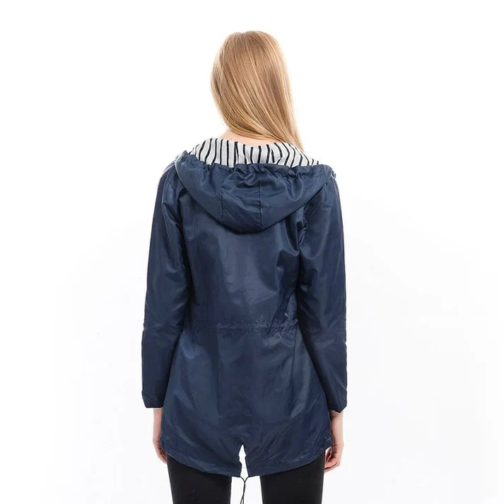 Women's Water-Resistant Hooded Rain Coat with Drawstring Waist