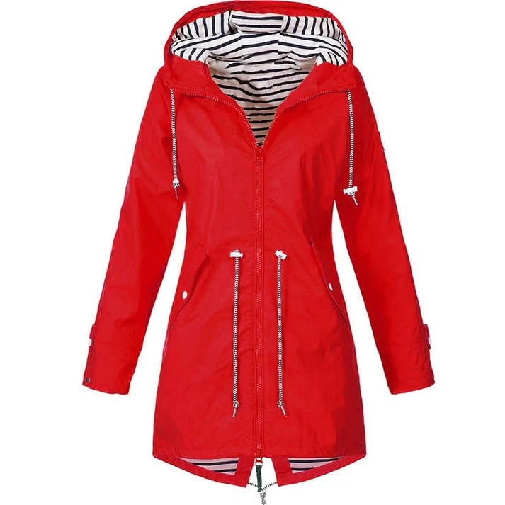 Women's Water-Resistant Hooded Rain Coat with Drawstring Waist