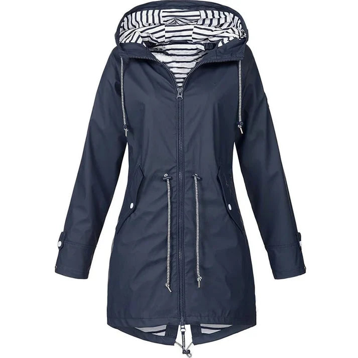 Women's Water-Resistant Hooded Rain Coat with Drawstring Waist