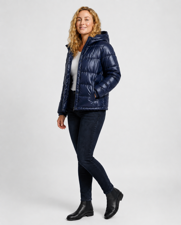 Women's Glossy Puffer Jacket with Hood