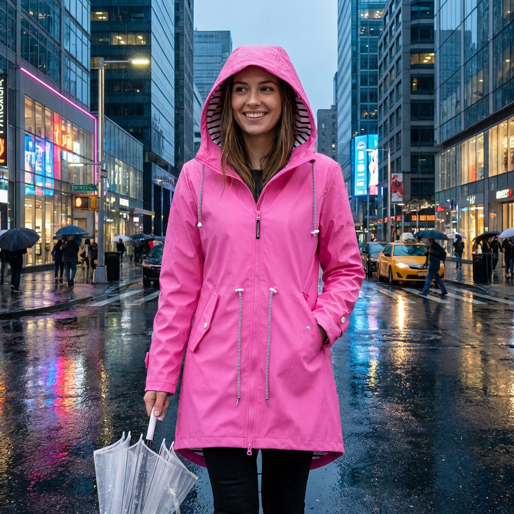 Women's Waterproof Long Rain Jacket with Adjustable Hood
