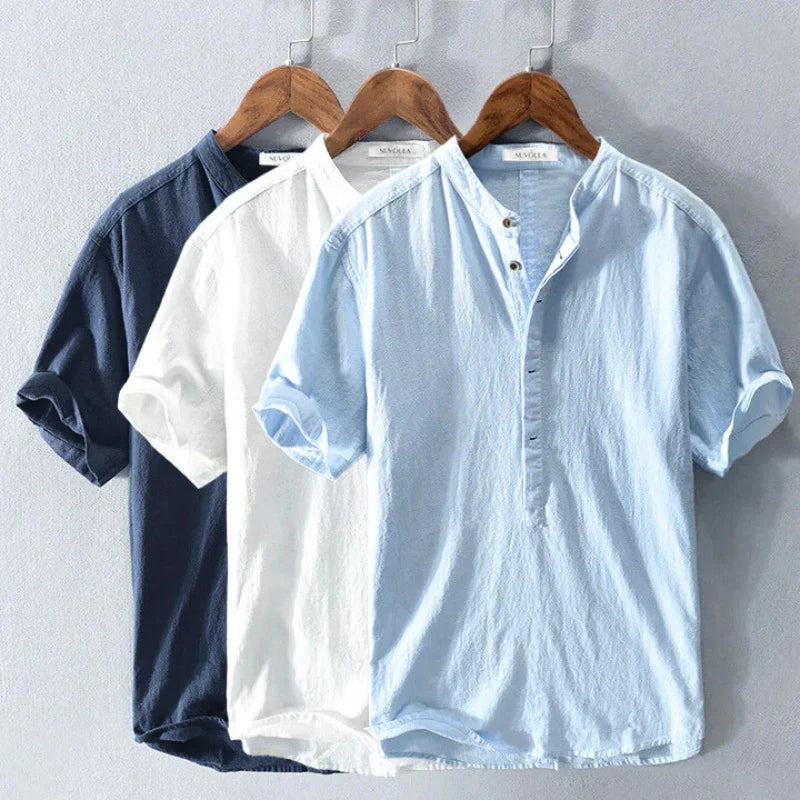 Men's Linen Grandad Collar Half-Button Shirt