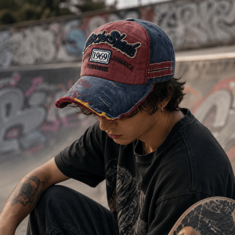 Distressed Denim Baseball Cap with Adjustable Strap