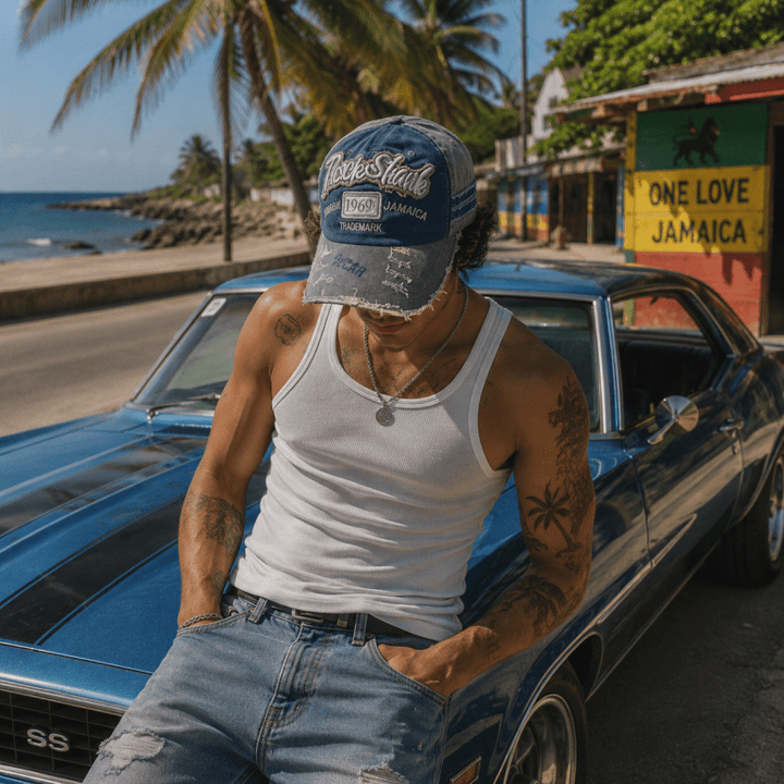 Distressed Denim Baseball Cap with Adjustable Strap