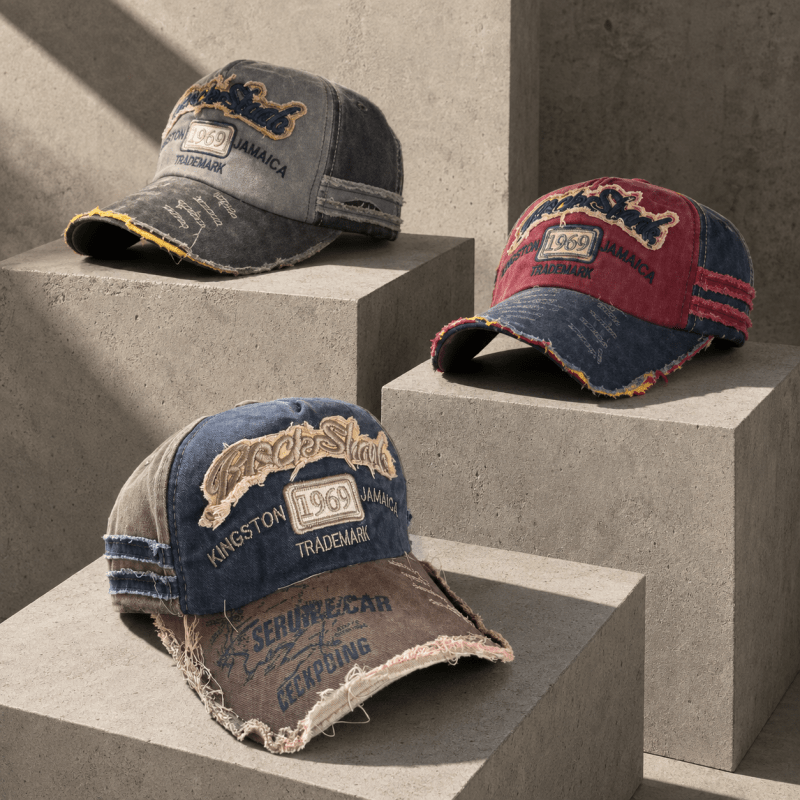 Distressed Denim Baseball Cap with Adjustable Strap
