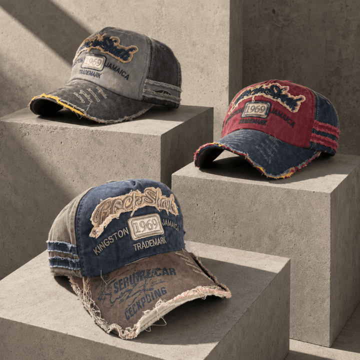 Distressed Denim Baseball Cap with Adjustable Strap