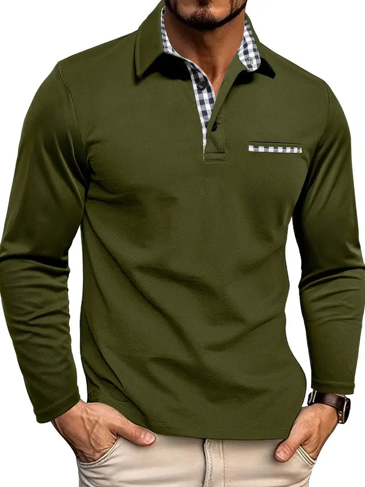 Men's Long Sleeve Polo Shirt with Plaid Contrast Trim