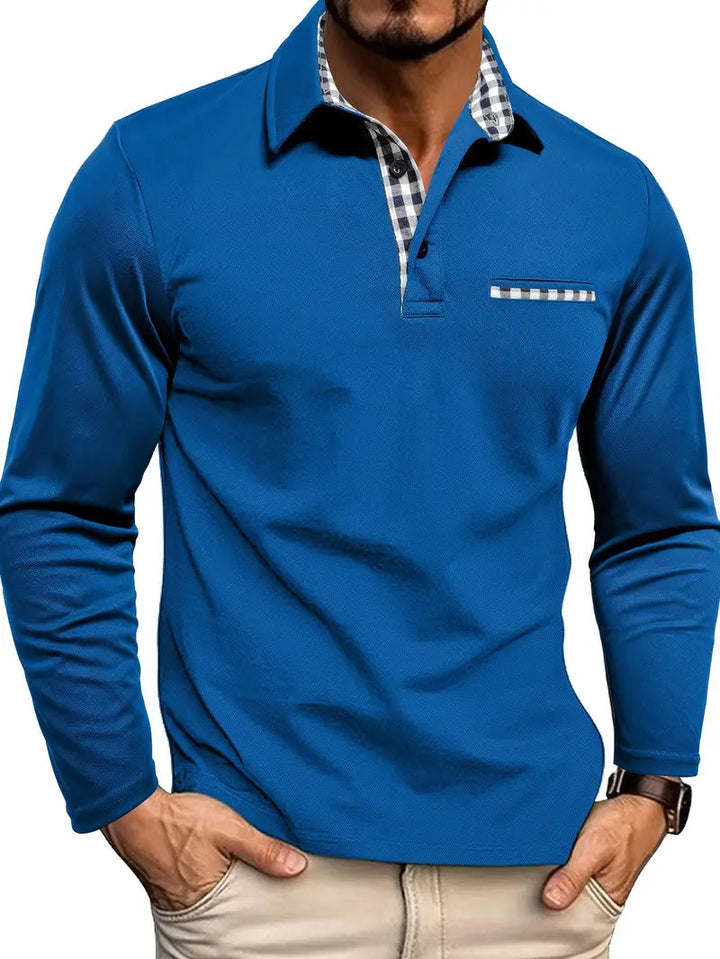Men's Long Sleeve Polo Shirt with Plaid Contrast Trim