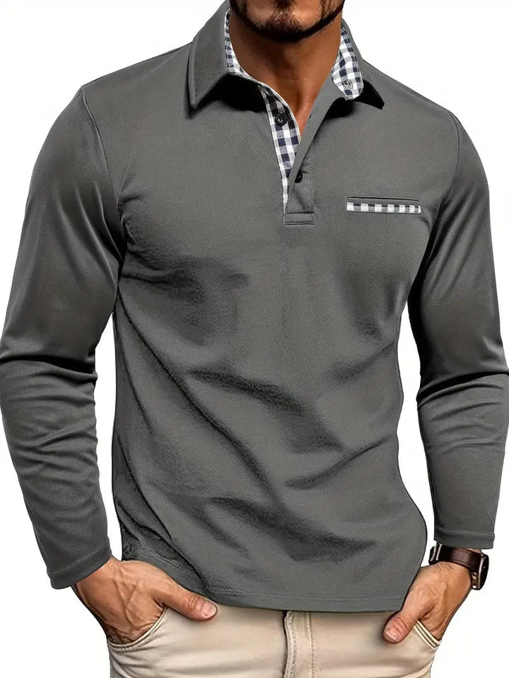 Men's Long Sleeve Polo Shirt with Plaid Contrast Trim