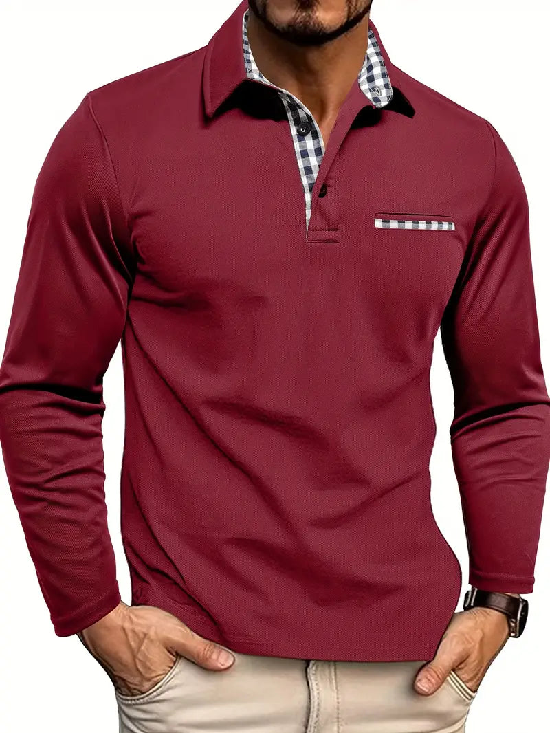 Men's Long Sleeve Polo Shirt with Plaid Contrast Trim