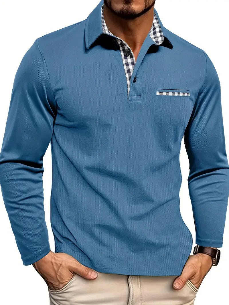 Men's Long Sleeve Polo Shirt with Plaid Contrast Trim