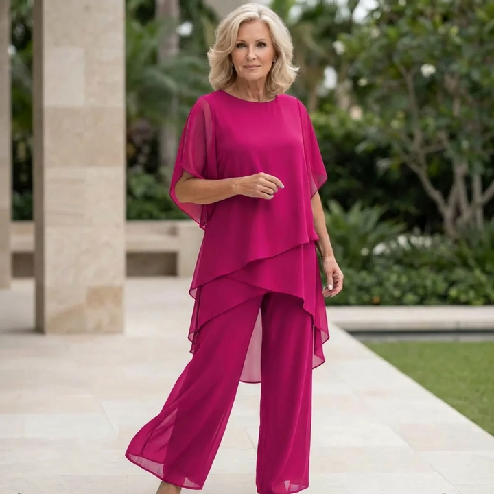Women's Chiffon Tiered Cape-Sleeve Two-Piece Set