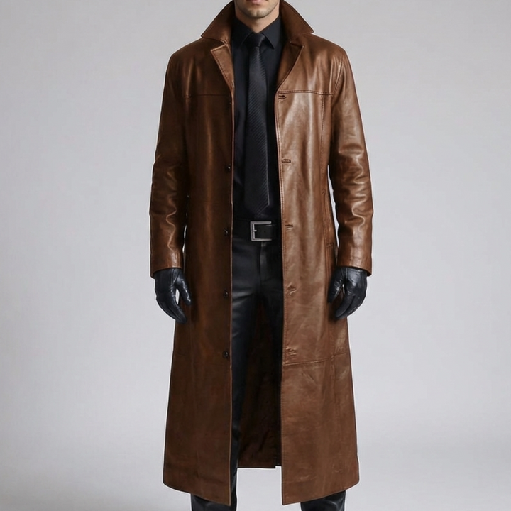 Chic Leather Trench Coat for Men with Notch Lapel Long Sleeve Single Breasted Longline Duster Style