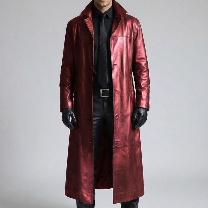 Chic Leather Trench Coat for Men with Notch Lapel Long Sleeve Single Breasted Longline Duster Style