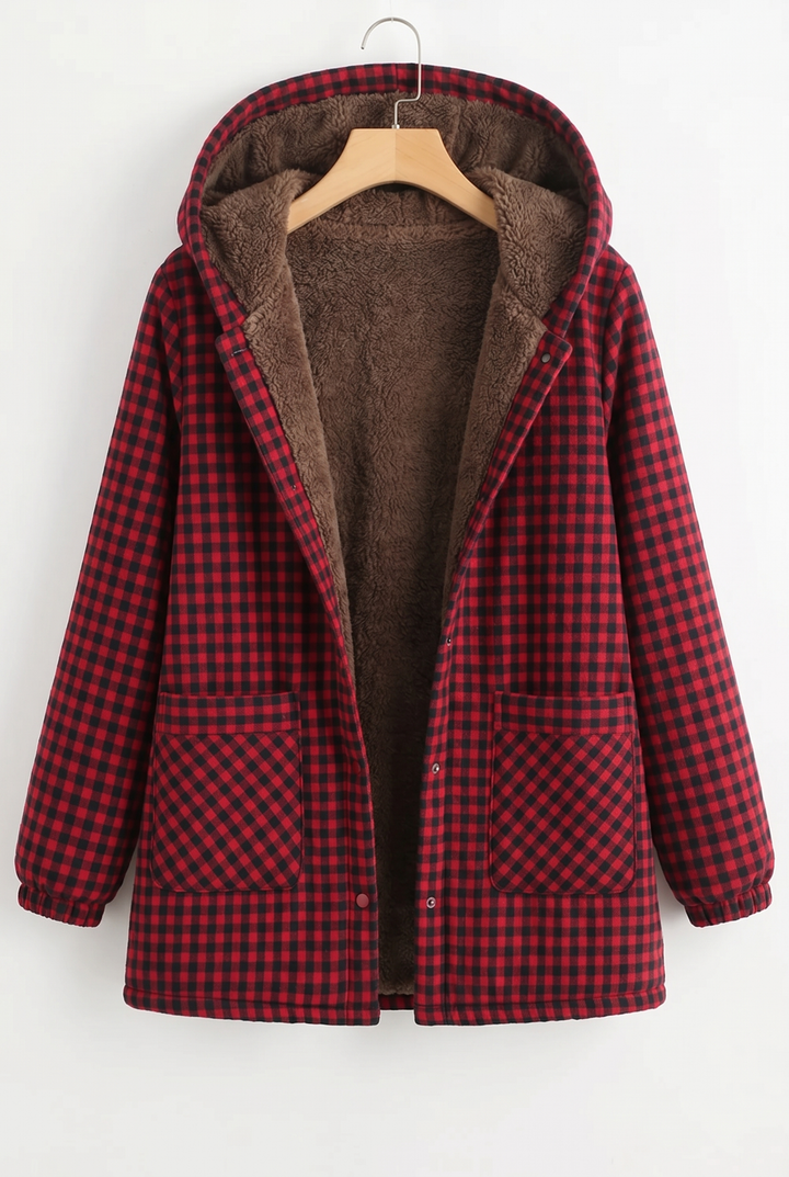 Women's Plaid Fleece Lined Hooded Jacket with Button Front