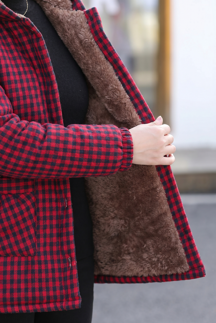 Women's Plaid Fleece Lined Hooded Jacket with Button Front