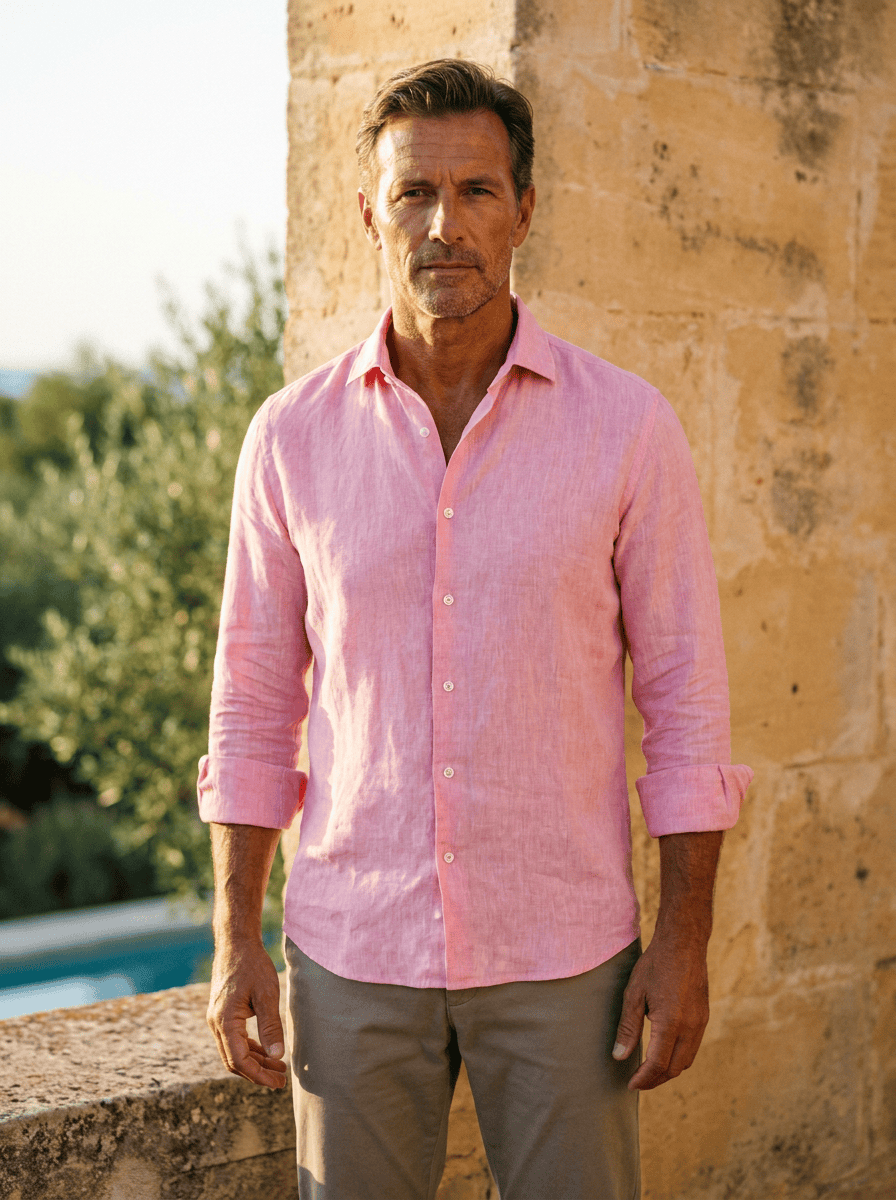 Men's Linen Long-Sleeve Shirt with Point Collar