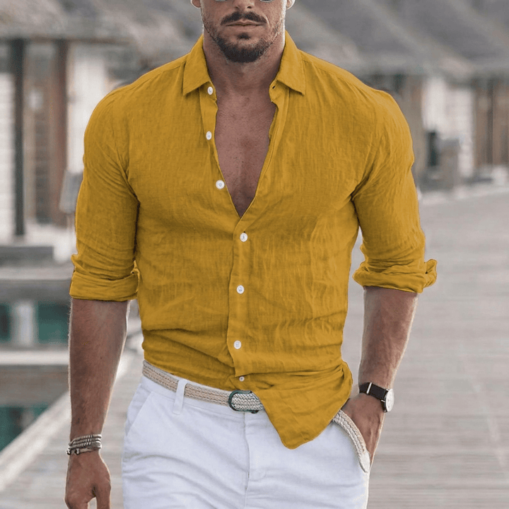 Men's Linen Long-Sleeve Shirt with Point Collar