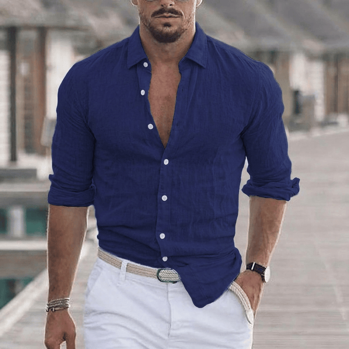 Men's Linen Long-Sleeve Shirt with Point Collar