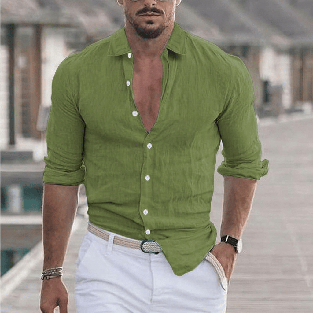 Men's Linen Long-Sleeve Shirt with Point Collar
