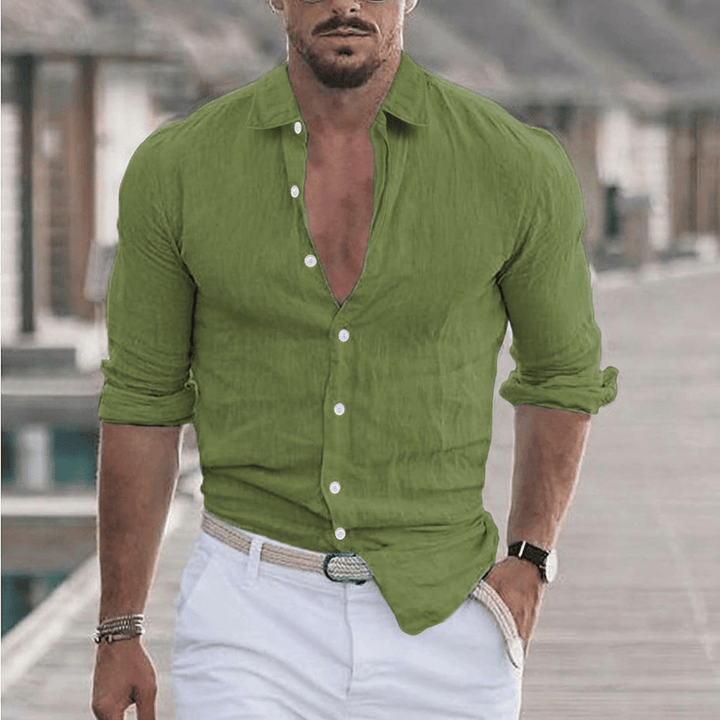 Men's Linen Long-Sleeve Shirt with Point Collar