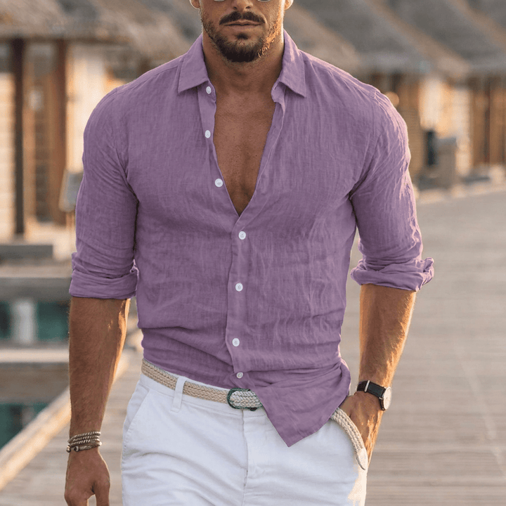 Men's Linen Long-Sleeve Shirt with Point Collar