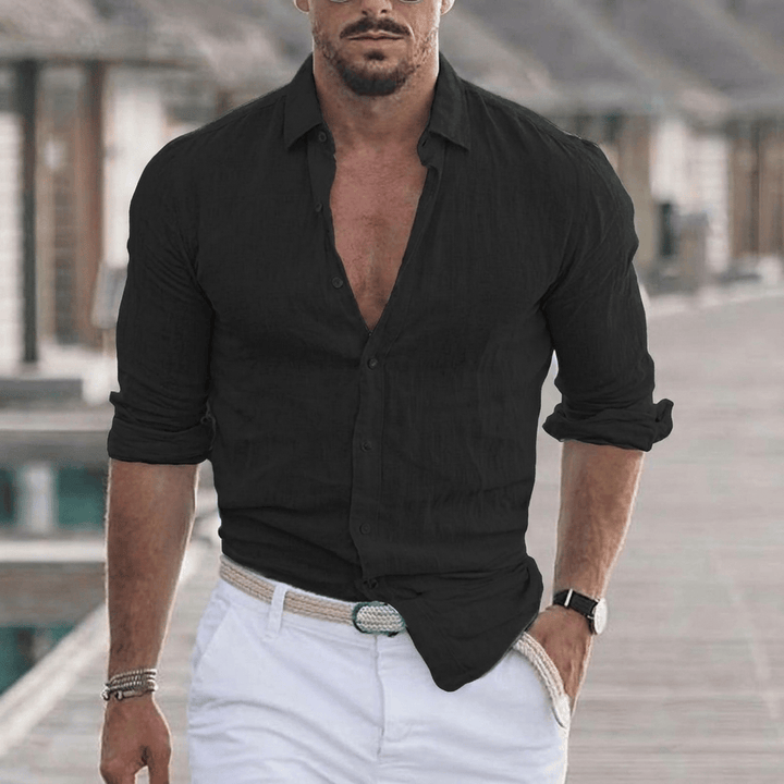 Men's Linen Long-Sleeve Shirt with Point Collar