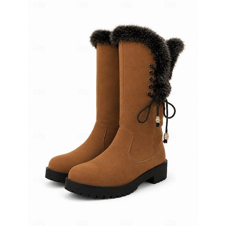 Women's Fur-Trimmed Knee-High Winter Boots with Lace-Up Detail