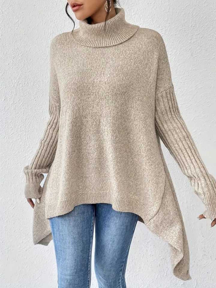 Women's Oversized Turtleneck Sweater with Asymmetric Hem