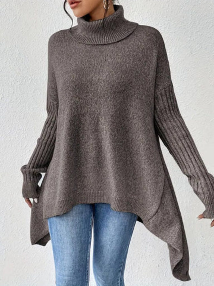 Women's Oversized Turtleneck Sweater with Asymmetric Hem