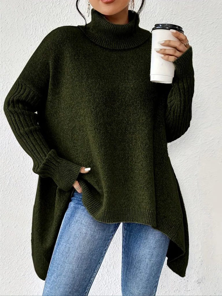 Women's Oversized Turtleneck Sweater with Asymmetric Hem