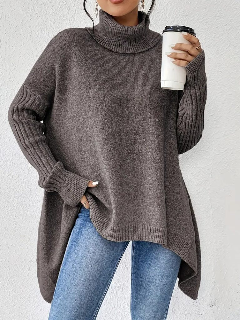 Women's Oversized Turtleneck Sweater with Asymmetric Hem