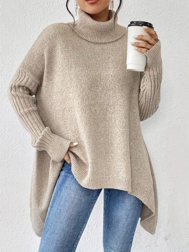 Women's Oversized Turtleneck Sweater with Asymmetric Hem