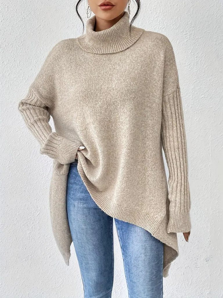 Women's Oversized Turtleneck Sweater with Asymmetric Hem