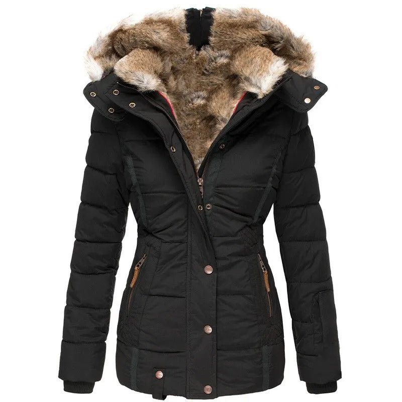 Women's Quilted Puffer Jacket with Faux Fur Hood