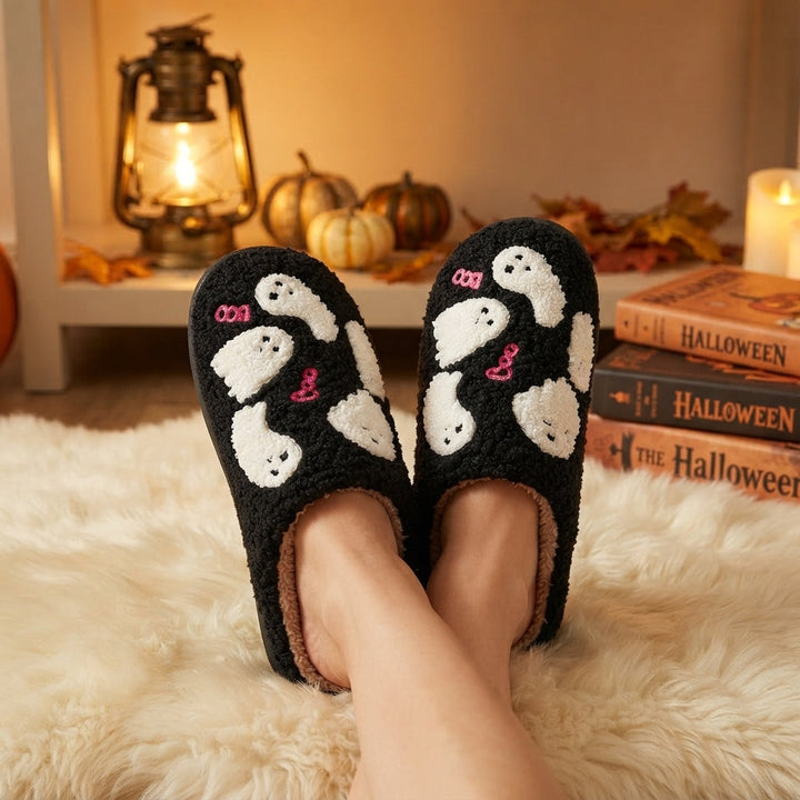 Women's Fluffy Ghost Print Halloween Slippers