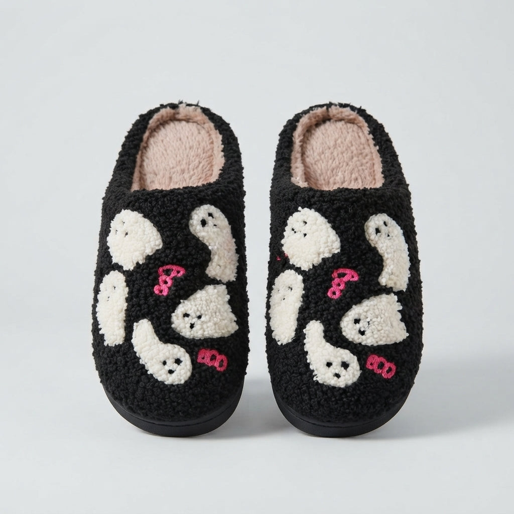 Women's Fluffy Ghost Print Halloween Slippers