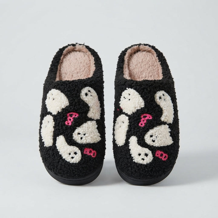 Women's Fluffy Ghost Print Halloween Slippers