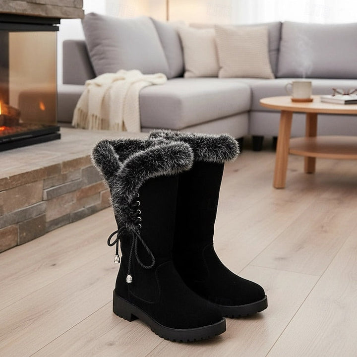 Women's Fur-Trimmed Knee-High Winter Boots with Lace-Up Detail