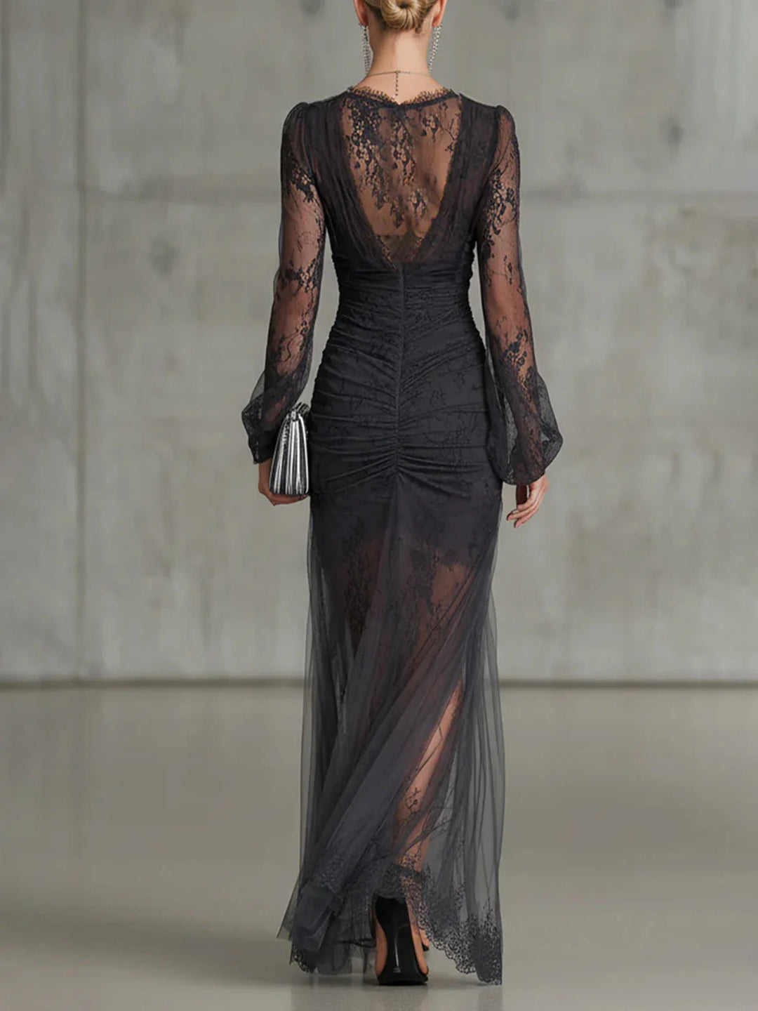 Women's Lace Maxi Dress with V-Neck and Side Slit