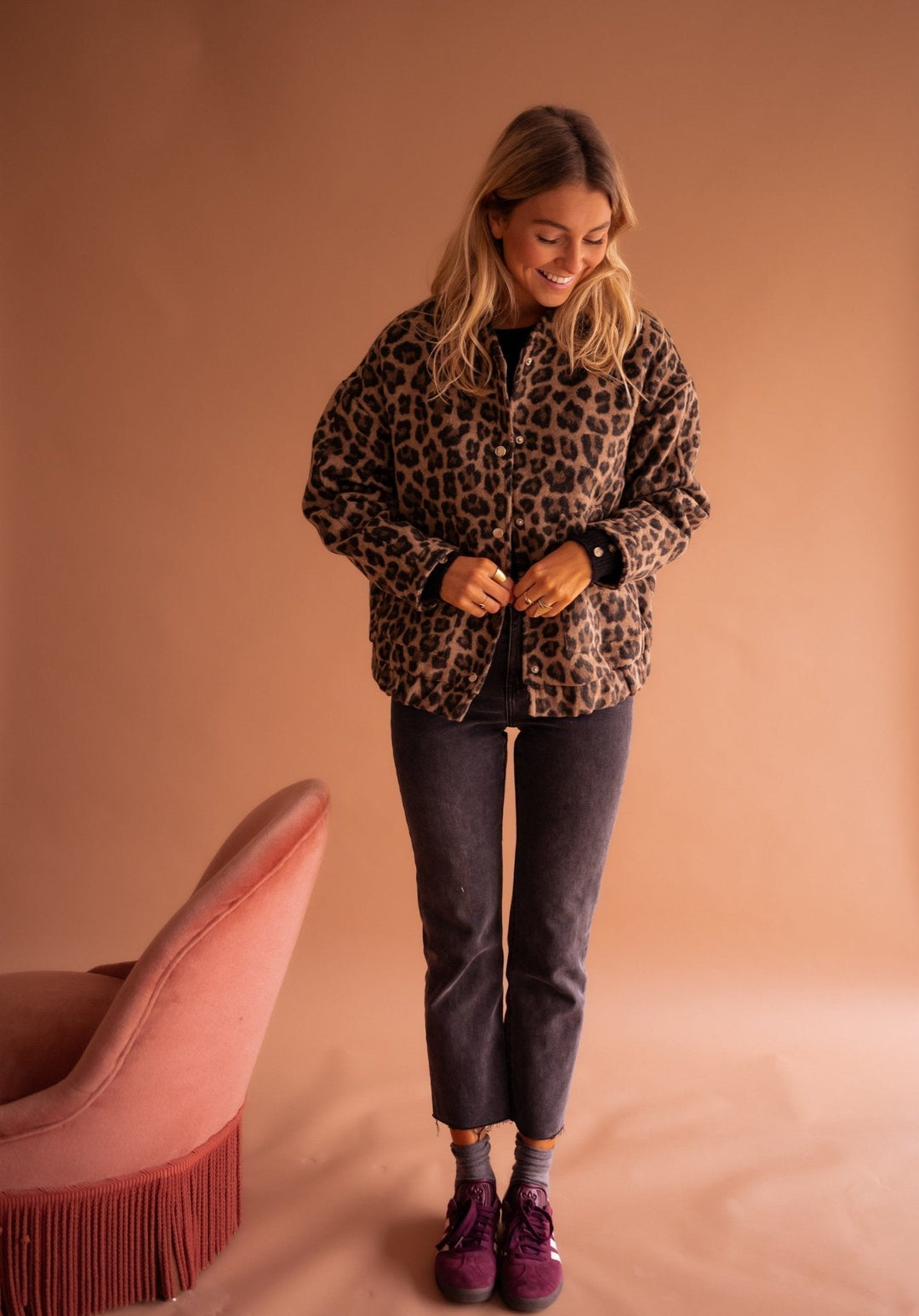 Women's Leopard Print Bomber Jacket with Snap Buttons
