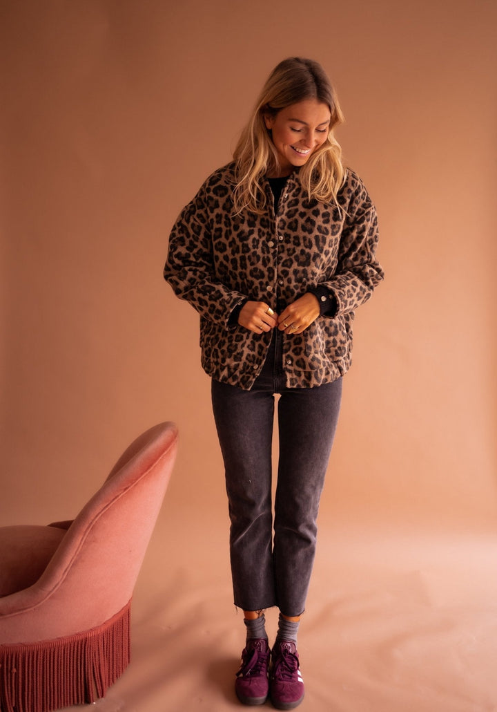 Women's Leopard Print Bomber Jacket with Snap Buttons
