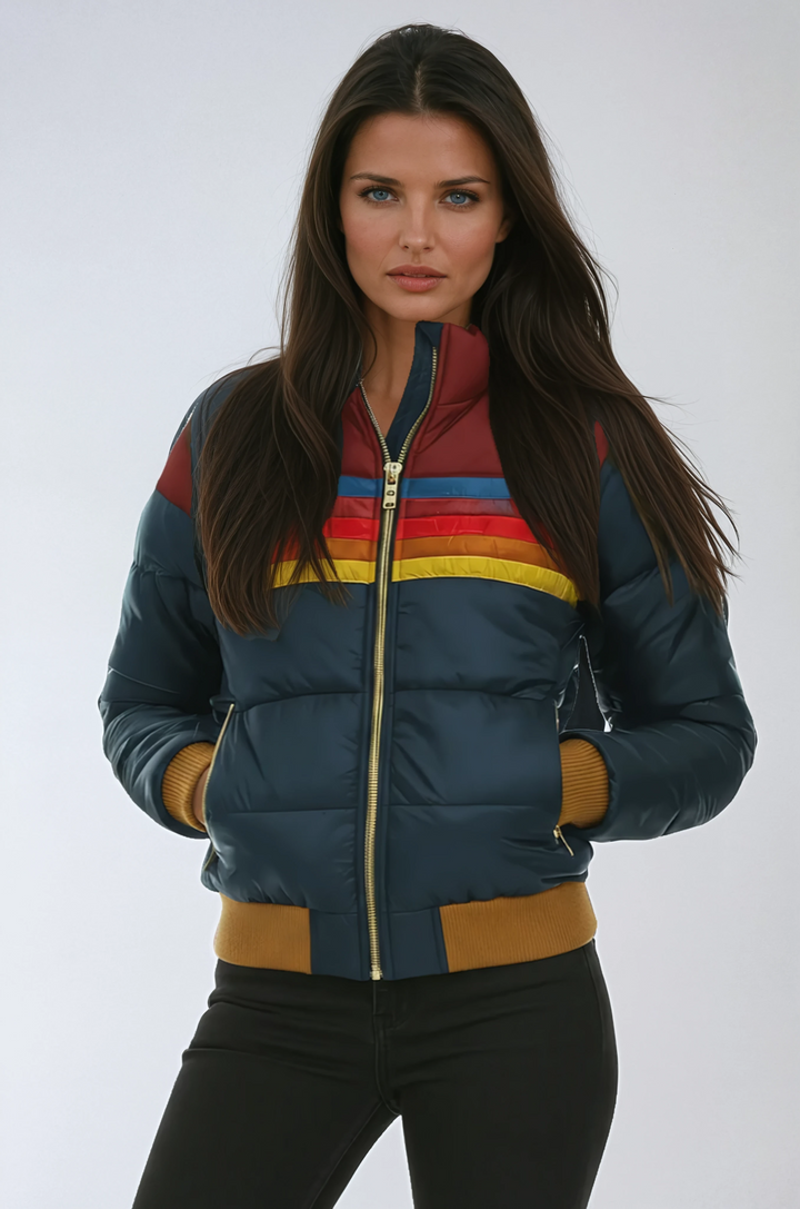 Women's Striped Puffer Jacket with Zip Front