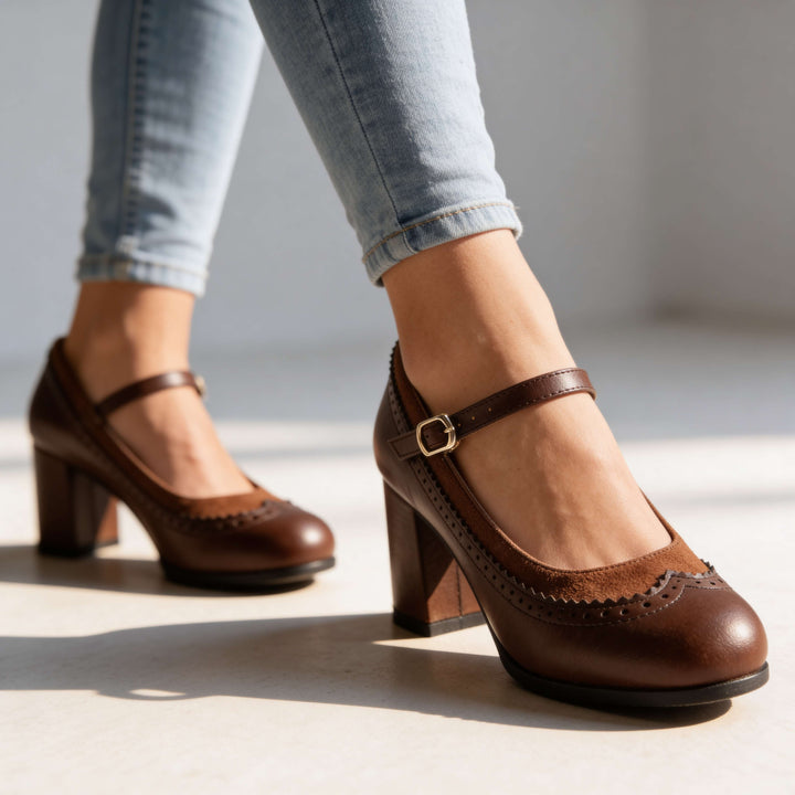 Women's Leather Mary Jane Pumps with Buckle Strap