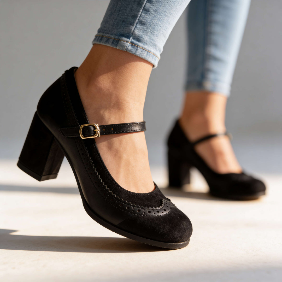 Women's Leather Mary Jane Pumps with Buckle Strap