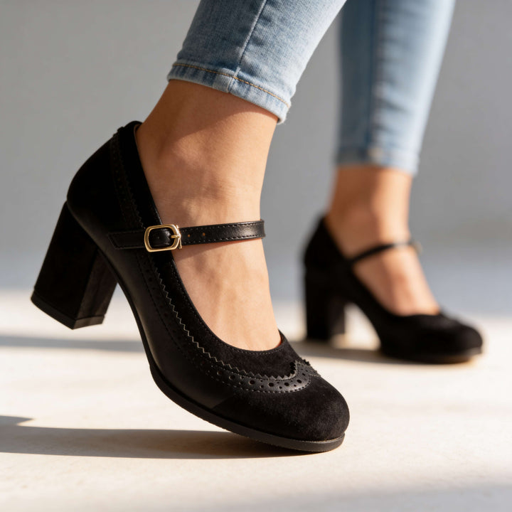 Women's Leather Mary Jane Pumps with Buckle Strap